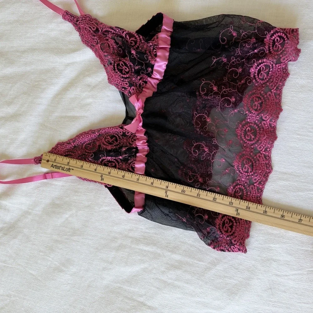 Fredericks of Hollywood Vintage Lingerie Top Sm/Med Pink Black Mesh Babydoll‎